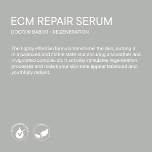 ECM Repair Serum | Babor product information card highlighting its skin regeneration benefits, balanced complexion, and dermatologist-tested vegan formula for skincare.