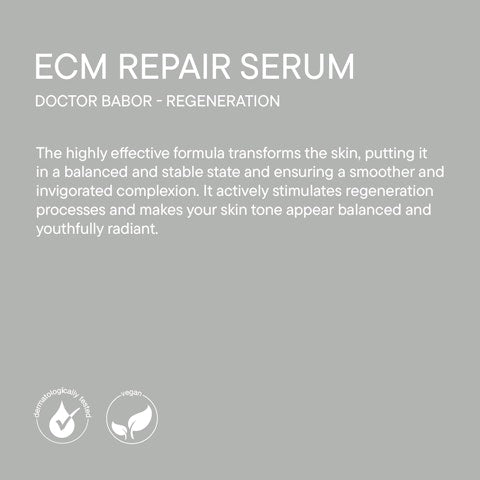 ECM Repair Serum | Babor product information card highlighting its skin regeneration benefits, balanced complexion, and dermatologist-tested vegan formula for skincare.
