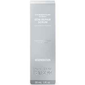 Packaging of ECM Repair Serum | Babor in a sleek silver box highlighting its skincare benefit for smoother, firmer skin with a 5% biogen plant extract for regeneration.