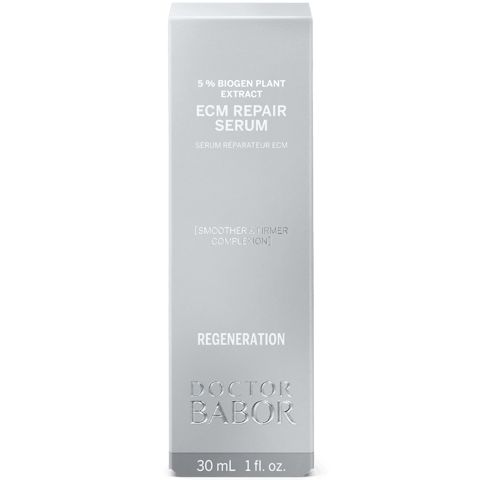 Packaging of ECM Repair Serum | Babor in a sleek silver box highlighting its skincare benefit for smoother, firmer skin with a 5% biogen plant extract for regeneration.