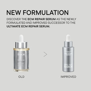 Comparison of old and improved packaging for ECM Repair Serum | Babor, highlighting the new formulation in skincare and wellness supplements.