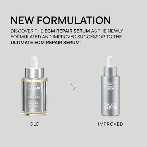 Comparison of old and improved packaging for ECM Repair Serum | Babor, highlighting the new formulation in skincare and wellness supplements.