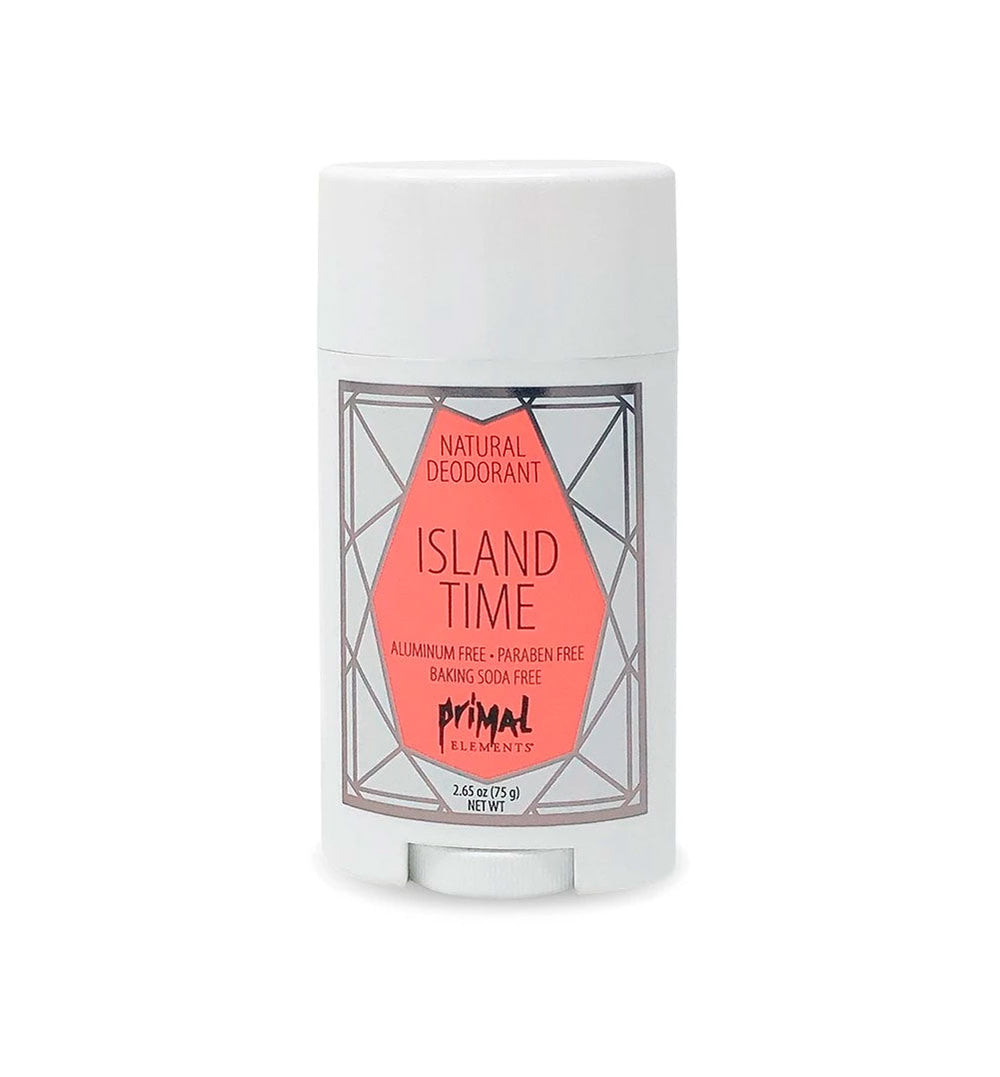 Natural Deodorant 2.65 oz. - ISLAND TIME | Primal Elements in a white container with pink and gray label, aluminum-free and baking soda-free body care product for skincare and wellness.