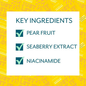 List of key ingredients including pear fruit, seaberry extract, and niacinamide on a bright yellow background, highlighting Moodmask - just let it glow | Patchology skincare benefits.