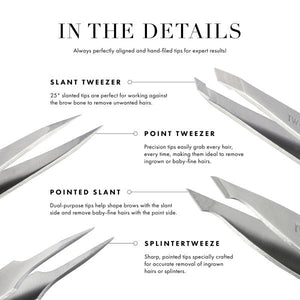 Close-up of four types of stainless steel tweezers with detailed descriptions highlighting their uses, featured in Blooming Lilac Mini Slant Tweezer | Tweezerman packaging.