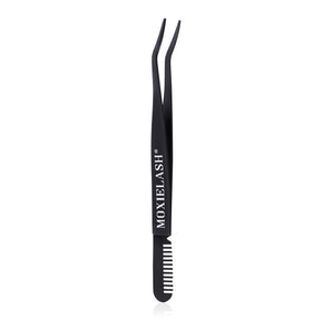 Black precision lash applicator tool with angled tips and comb end, branded with MOXIELASH, representing Lash Applicator - Rose Gold | Moxielash for beauty and eyelash extension use.