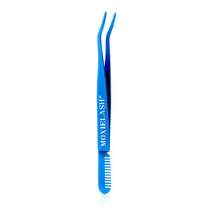 Close-up of a blue lash applicator tool branded MOXIELASH with a comb on one end and angled tips on the other, used for precise eyelash application, Lash Applicator - Rose Gold | Moxielash.