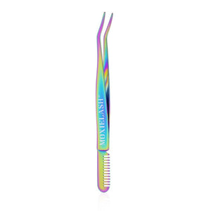 Iridescent metal lash applicator with angled tips and comb edge, featuring the name "Moxielash," designed for precise eyelash application, Lash Applicator - Rose Gold | Moxielash.