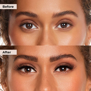 Close-up comparison of a woman's eyes before and after applying Lashies™ - Wifey - On The Go | Moxielash, showing fuller, longer, and more defined eyelashes enhancing natural beauty.