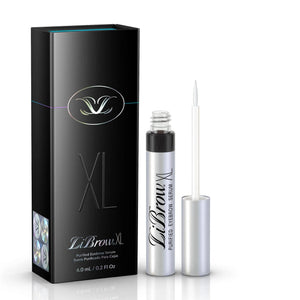 LiBrow® Purified Eyebrow Serum (3 & 6 Month Supply) | LiLash Beauty product packaging and opened silver applicator tube highlighting skincare for eyebrow enhancement.