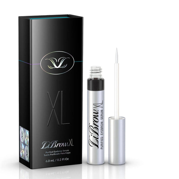 LiBrow® Purified Eyebrow Serum (3 & 6 Month Supply) | LiLash Beauty product packaging and opened silver applicator tube highlighting skincare for eyebrow enhancement.