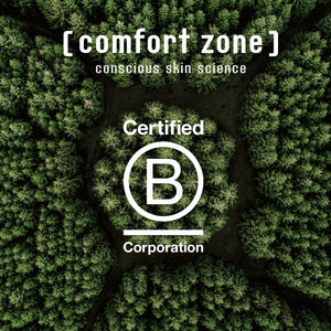 Aerial view of a lush green forest with the text "[ comfort zone ] conscious skin science Certified B Corporation" promoting sustainable skincare with Active Pureness Fluid | [ comfort zone ].