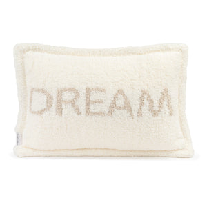 Soft cream-colored pillow with the word DREAM in subtle beige, featuring a plush chenilla texture, designed for comfort and relaxation, Pillows - Dream - Chenilla Cloud™ | Kashwére.