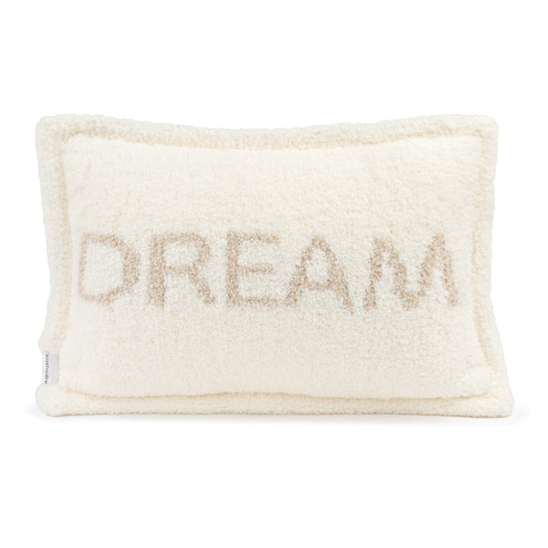 Soft cream-colored pillow with the word DREAM in subtle beige, featuring a plush chenilla texture, designed for comfort and relaxation, Pillows - Dream - Chenilla Cloud™ | Kashwére.