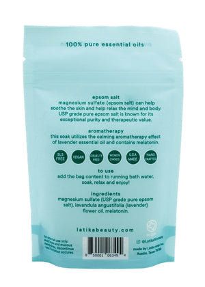 Back of a bath soak package with detailed product information including ingredients like magnesium sulfate, lavender essential oil, melatonin, and usage instructions for Bath Soak | Latika.