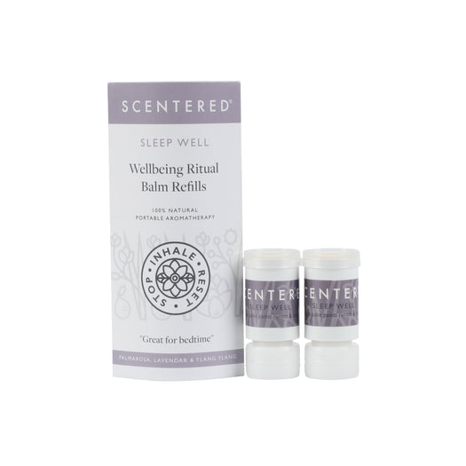 Sleep Well Therapy Balm | Scentered wellbeing ritual balm refills with natural aromatherapy for bedtime relaxation, featuring travel-friendly mess-free containers.