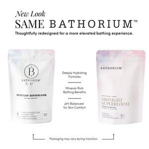 Midnight Superbloom Crush | Bathorium packaging comparison showing previous and updated bag designs with deeply hydrating formulas, mineral rich bathing benefits, and pH balanced skin comfort