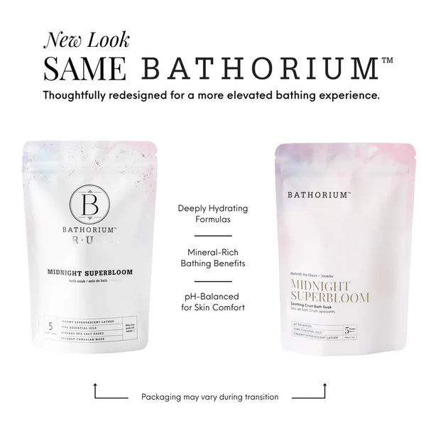 Midnight Superbloom Crush | Bathorium packaging comparison showing previous and updated bag designs with deeply hydrating formulas, mineral rich bathing benefits, and pH balanced skin comfort