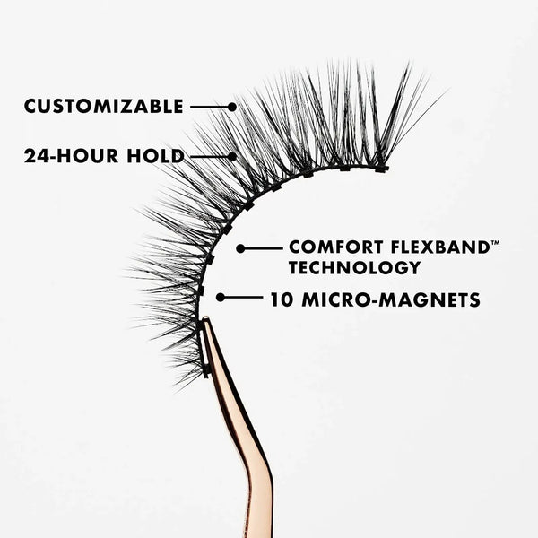 Close-up of a single magnetic eyelash held by tweezers, highlighting features like customizable length, 24-hour hold, comfort flexband technology, and 10 micro-magnets for secure wear, representing Money Lash | Moxielash.