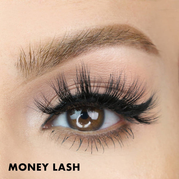 Close-up of a brown eye featuring long, voluminous false eyelashes with natural makeup, showcasing the style of Money Lash | Moxielash.