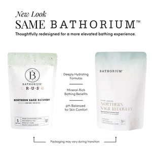 Northern Sage Recovery Crush | Bathorium product packaging shown in old and new designs with deeply hydrating formulas and mineral-rich bathing benefits.