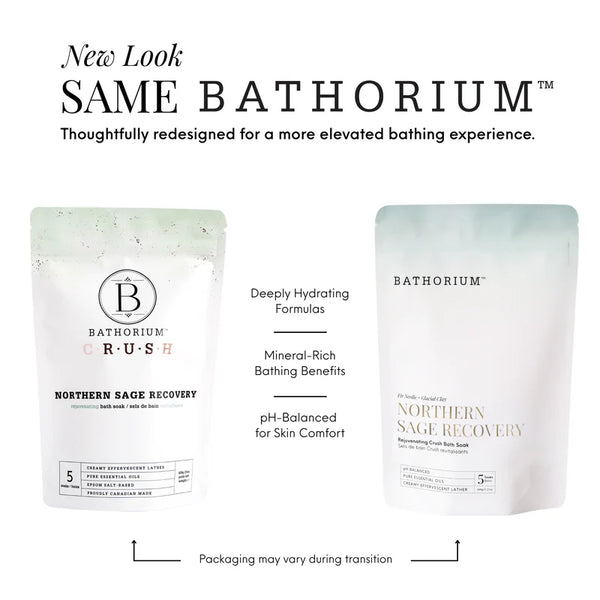 Northern Sage Recovery Crush | Bathorium product packaging shown in old and new designs with deeply hydrating formulas and mineral-rich bathing benefits.
