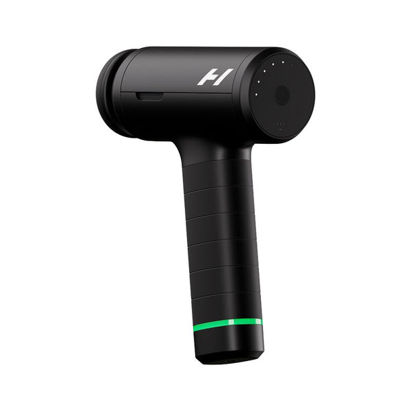 Black handheld percussion massage device with ergonomic grip and illuminated power indicator designed for muscle recovery and wellness, Hypervolt 3 Pro | Hyperice.