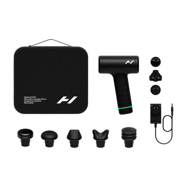 Hypervolt 3 Pro | Hyperice massage device with multiple interchangeable heads, charging adapter, and black carrying case for recovery and wellness use.