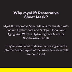 Text on black background explaining MyoLift Restorative Sheet Mask benefits, highlighting anti-aging, anti-wrinkle hydrating formula with Sodium Hyaluronate and Ginkgo Biloba for non-invasive facials, promoting deeper skin nourishment with Restorative Facial Sheet Mask Set - 2 Mask Kit | 7e Wellness.