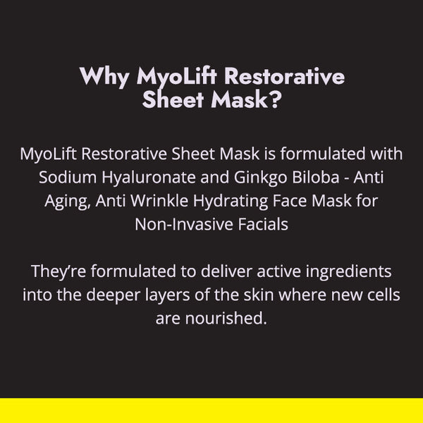 Text on black background explaining MyoLift Restorative Sheet Mask benefits, highlighting anti-aging, anti-wrinkle hydrating formula with Sodium Hyaluronate and Ginkgo Biloba for non-invasive facials, promoting deeper skin nourishment with Restorative Facial Sheet Mask Set - 2 Mask Kit | 7e Wellness.