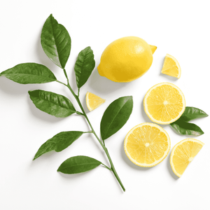 Fresh whole and sliced lemons with green leaves on a white background, representing natural ingredients related to Matte Moisturizer | Privai skincare product.