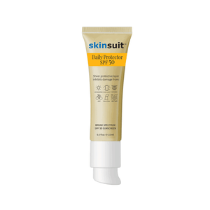 Tube of SkinSuit Daily Protector SPF 50 | Skin Authority sunscreen in beige packaging with yellow label, highlighting broad spectrum protection for skincare.