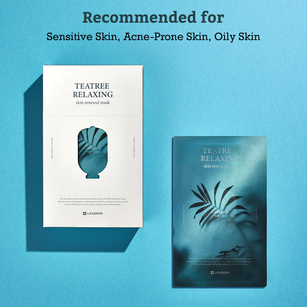 Packaged and opened Leaders Skin Renewal Mask Teatree Relaxing | Leaders on a blue surface, recommended for sensitive, acne-prone, and oily skin, featuring natural leaf shadow design.