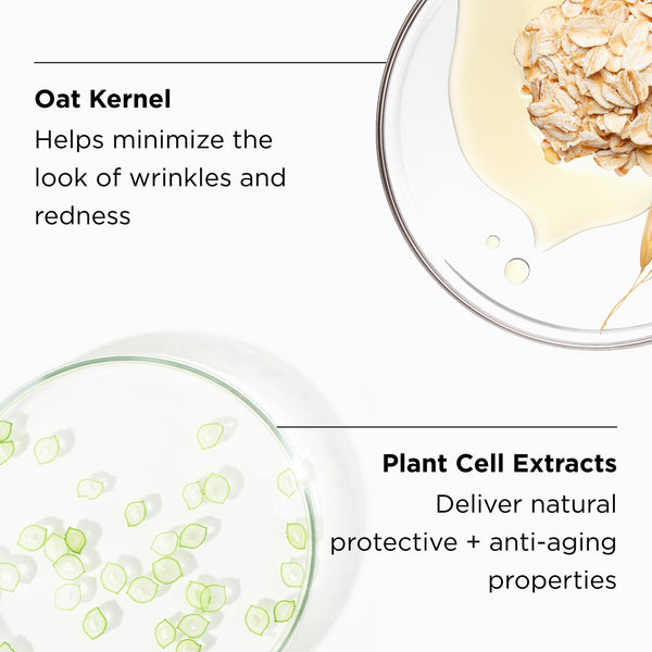 Close-up of oat kernels in liquid and plant cell extracts in gel, highlighting natural ingredients that minimize wrinkles and redness for the MAX™ facial cleanser | IMAGE Skincare.