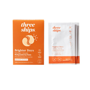 Brighter Days Red Algae + Avocado Biodegradable Eye Masks | Three Ships packaging with three individual eye mask sachets displayed, highlighting skincare and wellness supplement benefits.