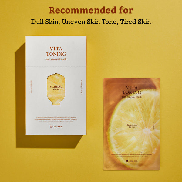 Leaders Skin Renewal Mask Vita Toning | Leaders product packaging with a citrus design shown on a yellow background, recommended for dull, uneven, and tired skin.