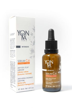 Serum C20 | Yon-Ka Paris skincare product with vitamin C, featuring a 30 ml amber dropper bottle and white packaging for anti-aging and radiance benefits.