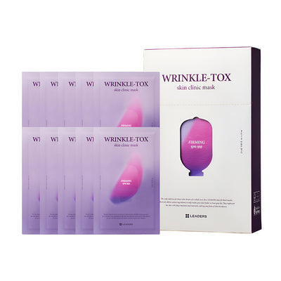 Leaders Skin Clinic Mask Wrinkle-Tox | Leaders displayed with purple individual mask packets and a white box featuring a pink design promoting firming skincare and wellness.
