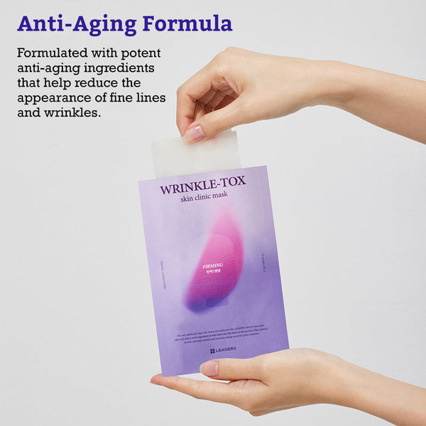 Hands holding a purple skincare mask package labeled "Wrinkle-Tox skin clinic mask" with text highlighting its anti-aging formula to reduce fine lines and wrinkles, featuring Leaders Skin Clinic Mask Wrinkle-Tox | Leaders.