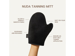 Black Tanning Mitt | NUDA held upright on a hand, highlighting its smooth finish, softness on skin, washable and reusable fabric, designed for easy self tanner application.