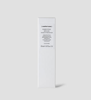 Minimalist white packaging of Essential Biphasic Makeup Remover | [ comfort zone ] with clean typography on a plain light background, highlighting skincare product design.