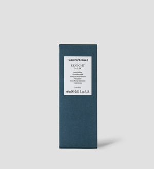 Packaging of Renight Mask | [ comfort zone ], a nourishing vitamin skincare product in a dark blue box with white label, emphasizing nighttime skin care and wellness.