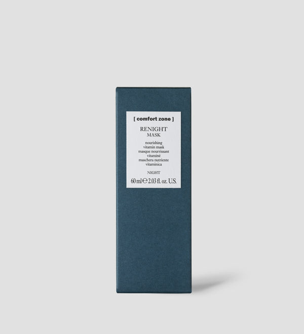 Packaging of Renight Mask | [ comfort zone ], a nourishing vitamin skincare product in a dark blue box with white label, emphasizing nighttime skin care and wellness.