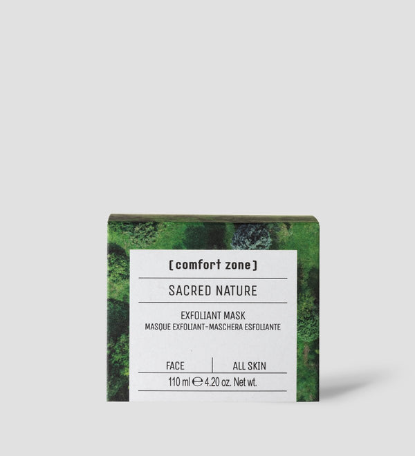 Box packaging of Sacred Nature Exfoliant Mask | [ comfort zone ] with green natural design, indicating a skincare exfoliant mask suitable for all skin types.