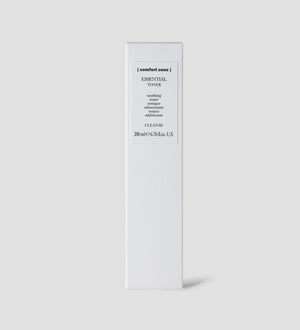 White box packaging of Essential Toner | [ comfort zone ] skincare product, featuring minimalist design with black text and 200 ml volume indication.