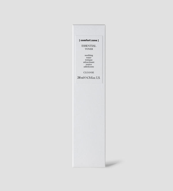 White box packaging of Essential Toner | [ comfort zone ] skincare product, featuring minimalist design with black text and 200 ml volume indication.