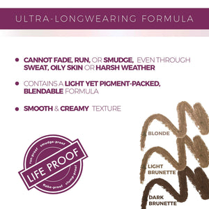 Image showing the ultra-longwearing formula features of Eyebrow Pencil - Blonde | Blinc, highlighting its smudge-proof, run-proof, and fade-resistant qualities with smooth, creamy texture and blendable light pigment.
