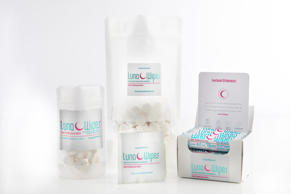 Various packaging of Luna Wipes Pro Pak - 350 qty | Functional Botanicals skincare wipes displayed against a white background for body care and wellness use.