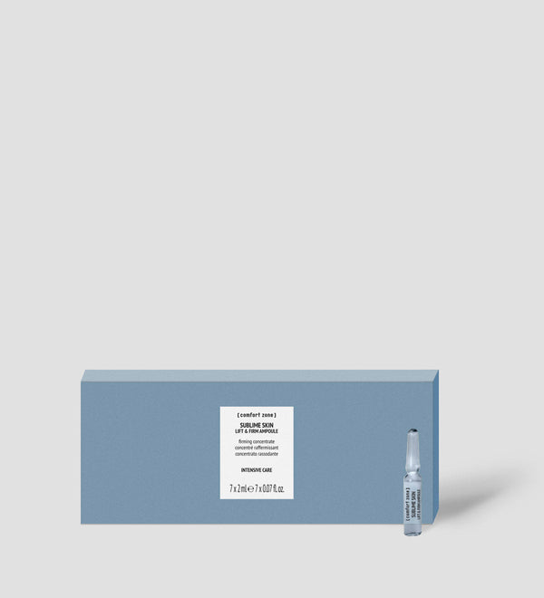 Blue box packaging with a small clear ampoule vial beside it, featuring Sublime Skin Lift & Firm Ampoules | [ comfort zone ] skincare product for intensive care and skin firming.