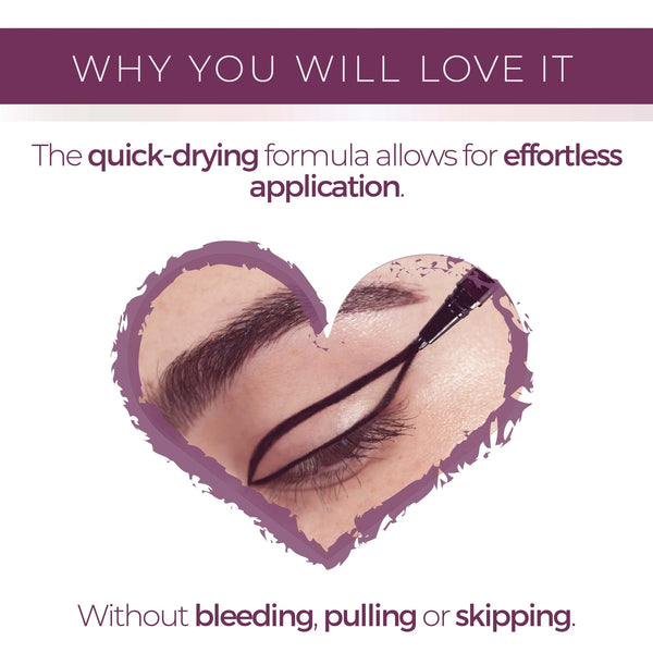 Close-up of an eye with a precise black eyeliner application, highlighting the quick-drying and effortless use of the Micropoint Liquid Liner Pen | Blinc without bleeding, pulling, or skipping.